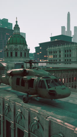 military helicopter on a rooftop in the city