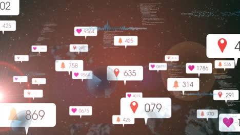 animation of social media notifications and location icons on digital world map