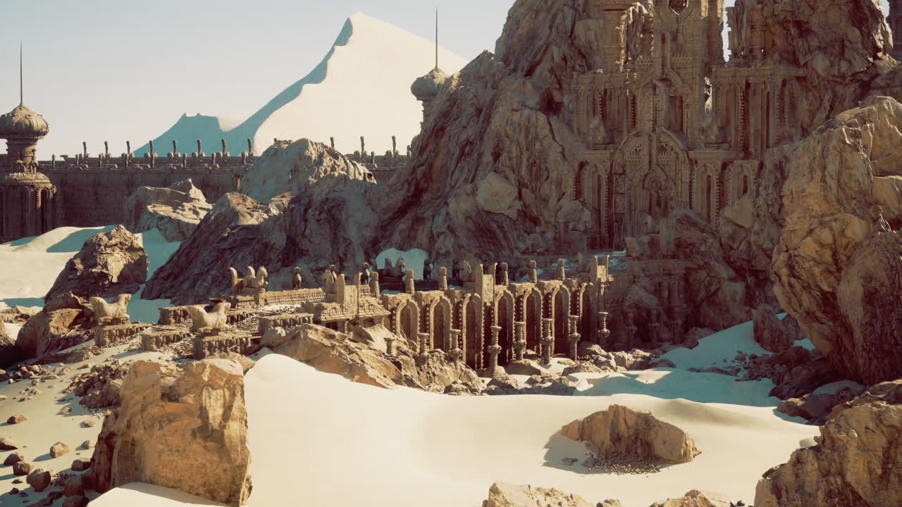 Ancient ruins amidst desert landscape with mountains in the background