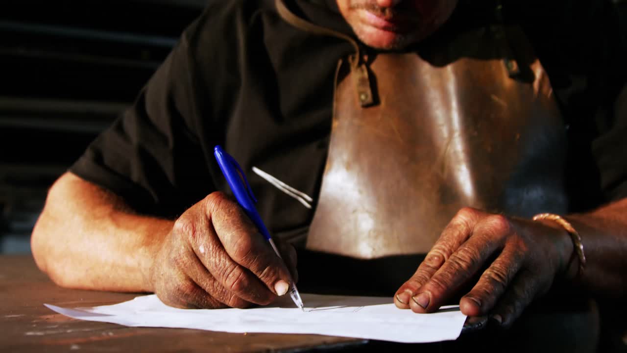 Welder working on blueprint