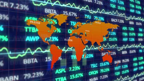 animación del procesamiento de datos financieros sobre el mapa del mundo