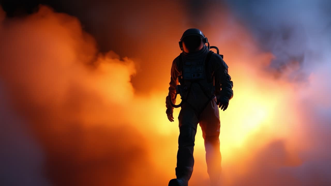 Un astronauta solitario emerge de un humo vibrante, simbolizando la exploración, el coraje y lo desconocido, en medio de un telón de fondo de tonos ardientes y una atmósfera etérea.