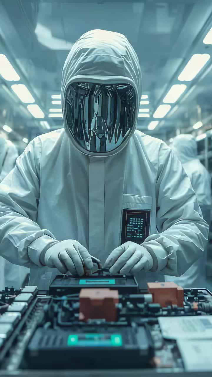 Vertical video: Board arriving, tech in cleanroom suit picking tweezers at line, aligning connector