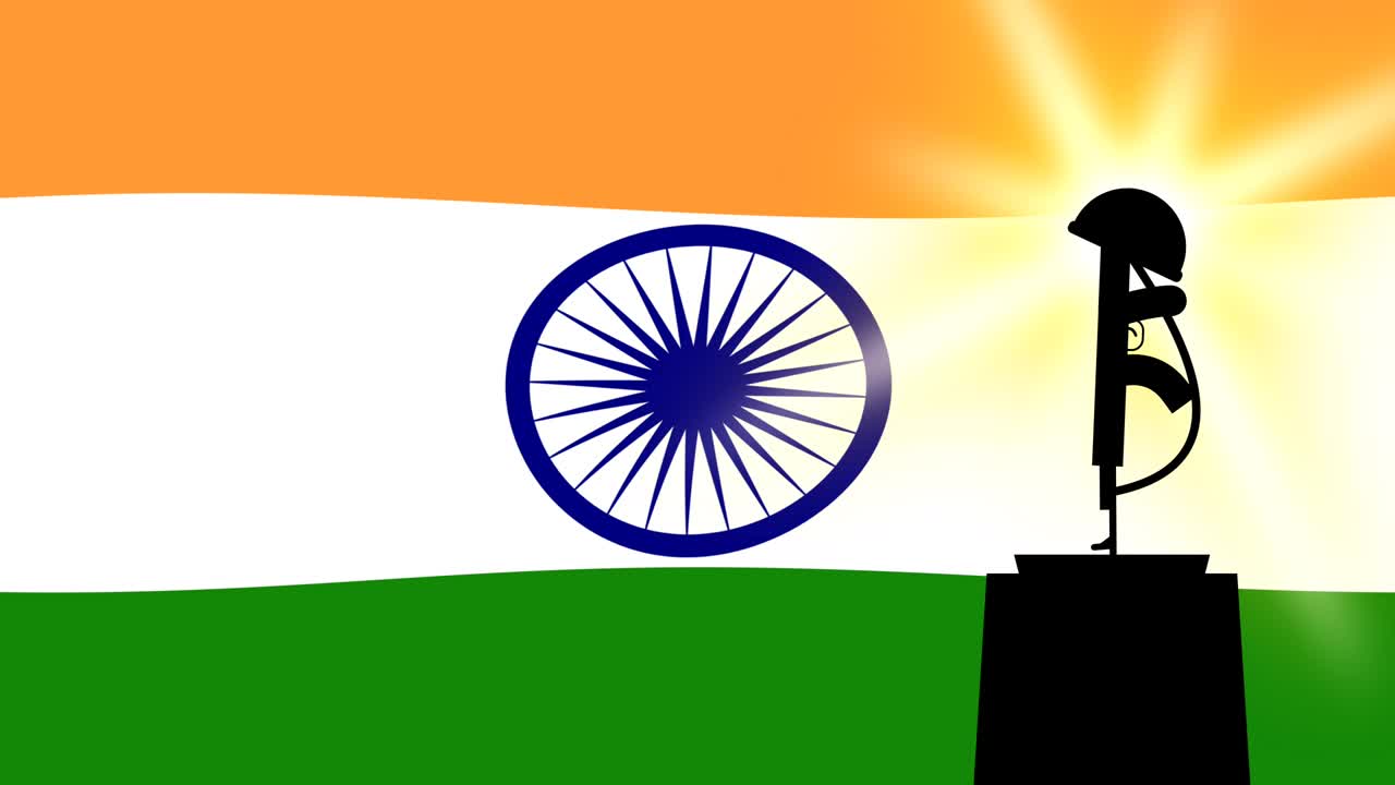 군대 모자와 총은 인도 발과 밝은 빛에 고립되어 있습니다.