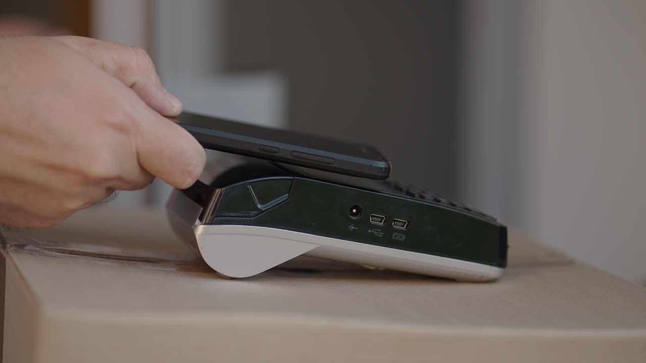 доставка молодого человека оплачивает покупки с помощью бесконтактной системы оплаты nfs. молодой доставщик держит посылку человек клиент оплачивает по телефону за посылку транспортирует оплату единый экспресс-заказ