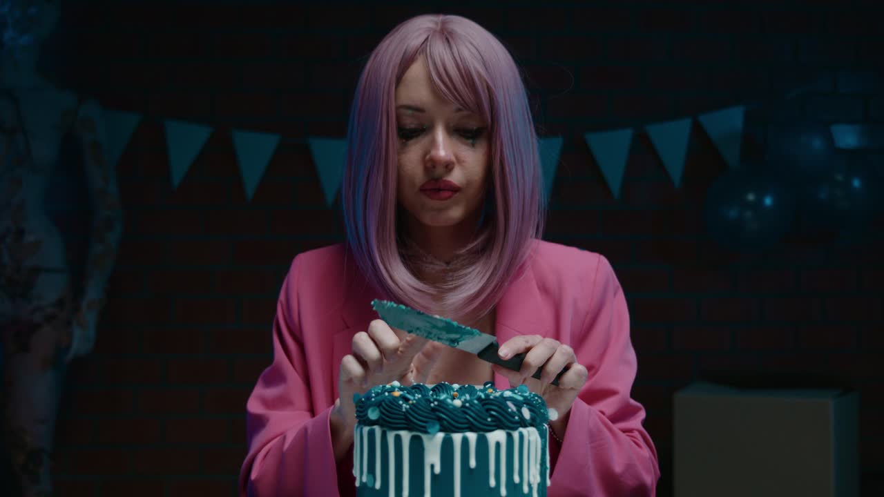 A woman with pink hair eating a cake