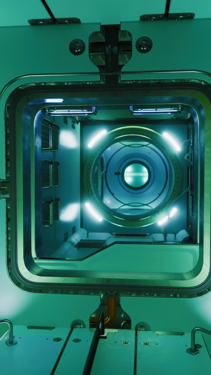 Futuristic interior of a sci fi space pod with illuminated technology