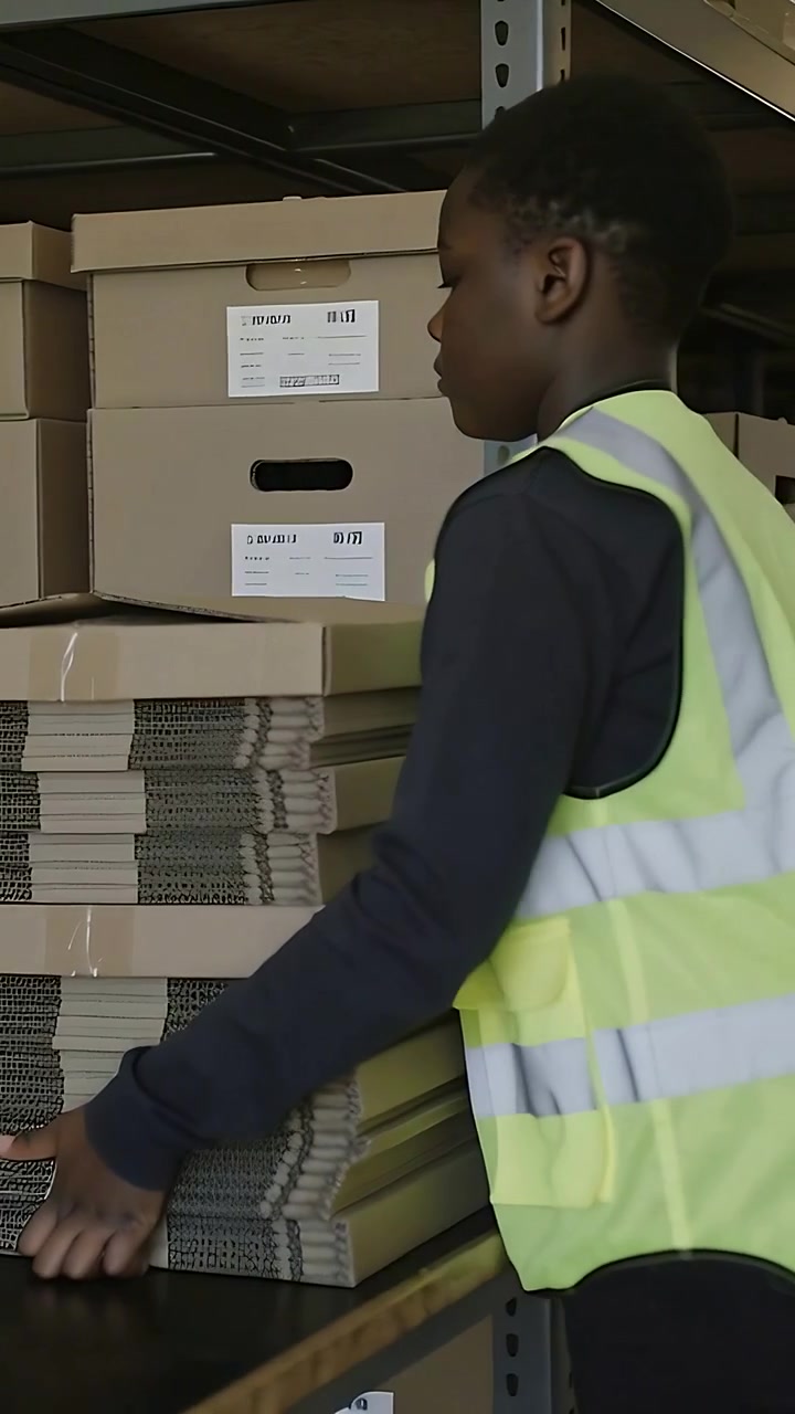 Vertical video: Lifting flat boxes, clerk hi-vis stacking them in storage aisle to stock