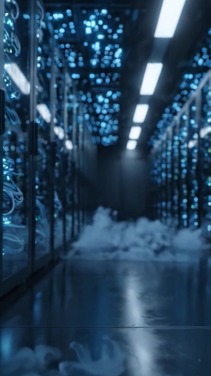 A Futuristic Data Center Environment Filled with High-Tech Servers and Emerging Fog, Showcasing Advanced Technology In a Dark Ambient setting
