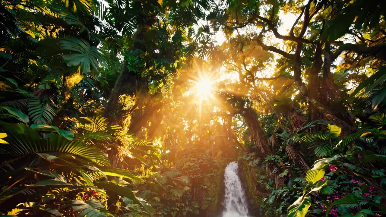 Lush jungle scene with sunlight streaming through trees, captured from a low angle