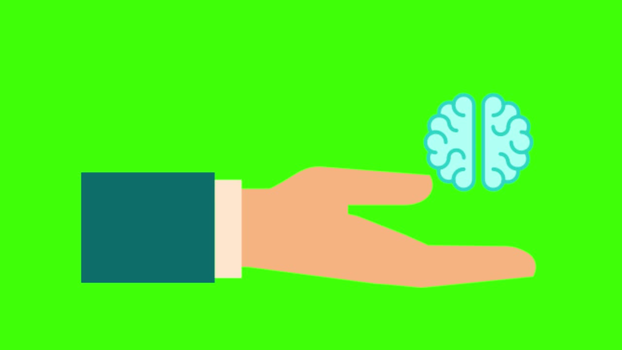 초록색 화면에 뇌 아이콘이 있는 손의 애니메이션