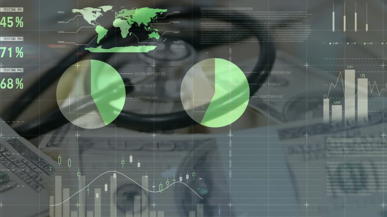 procesamiento de datos financieros contra dólares estadounidenses y estetoscopio