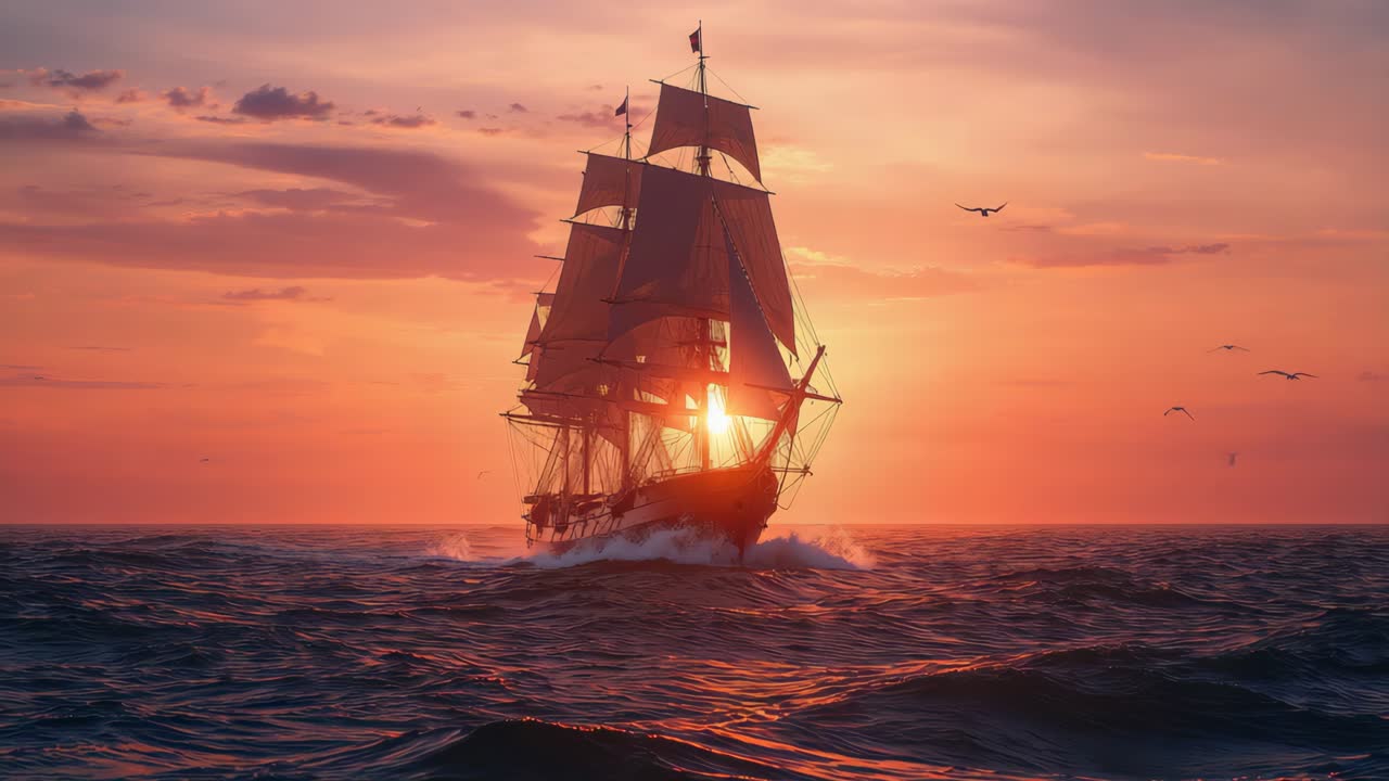 Sailing ship at sunset