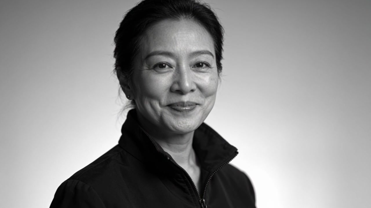 Su indicazione del fotografo, donna asiatica matura sorridente, che inclina la testa verso la fotocamera in studio con una giacca con cerniera