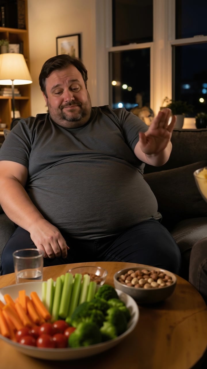 Uomo che rifiuta una ciotola di patatine fritte mentre è seduto a un tavolo con snack di verdure salutari.