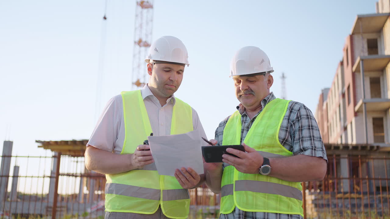 retrato de dos constructores de pie en el sitio de construcción. dos constructores con dibujos de pie en el fondo de los edificios en construcción en cascos y chalecos