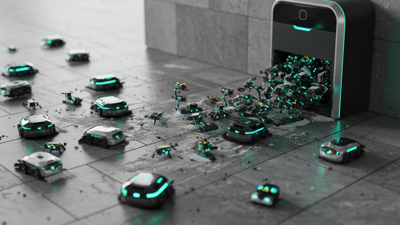 A Futuristic Scene of Robots Ejecting Waste from a Smart Device, Showcasing Advanced Technology and Robotics Innovation with a Gleaming Floor