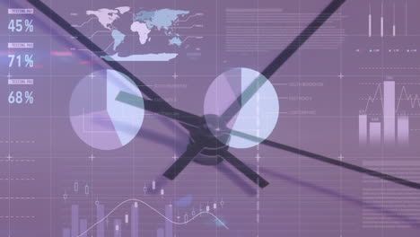 animación del procesamiento de datos estadísticos frente a un primer plano de un reloj