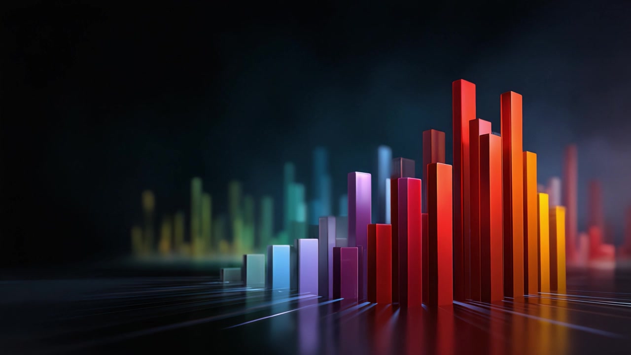En levende visualisering af dataprogress i 3D-rum, der viser farverige søjlediagrammer og tendenser med dybde og dimension i fantastiske detaljer.