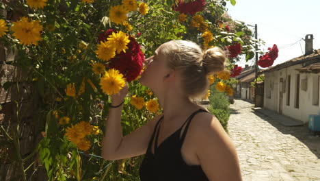 young girl stops to smell fragrant climbing red roses and yellow flowers