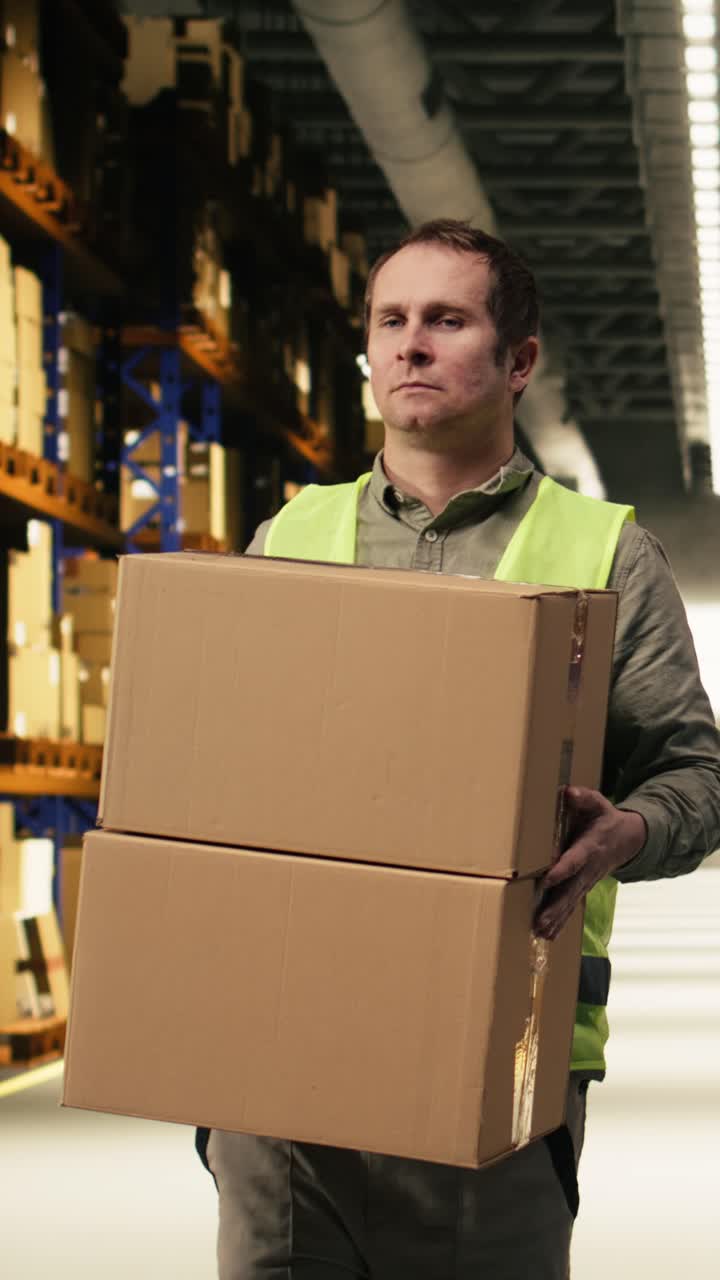 Vertical Video Worker Moving Merchandise In Cardboard Boxes For Order Fulfillment