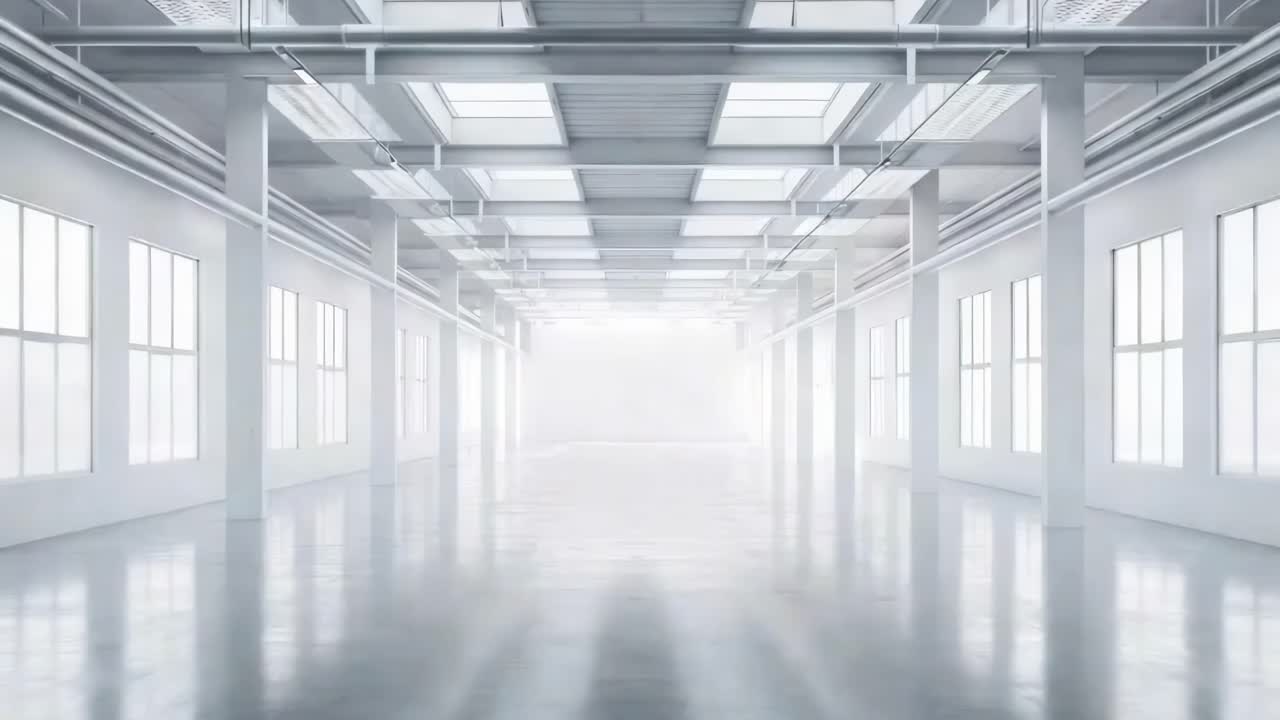 Wide-angle shot of a spacious, minimalist white warehouse with large windows and skylights