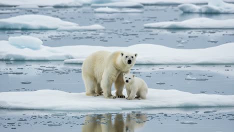 a heartwarming scene of a mother polar bear and her cub standing together on a melting iceberg surrounded by calm waters, emphasizing the urgency of climate conservation