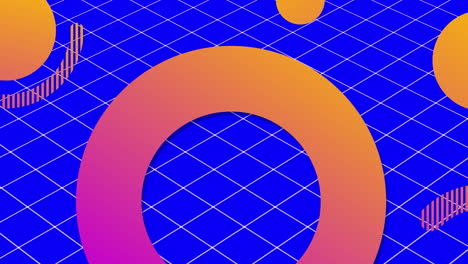 animation of orange and pink circles and rings moving over white grid on lilac background