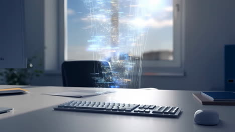 digital data stream over an office desk with keyboard