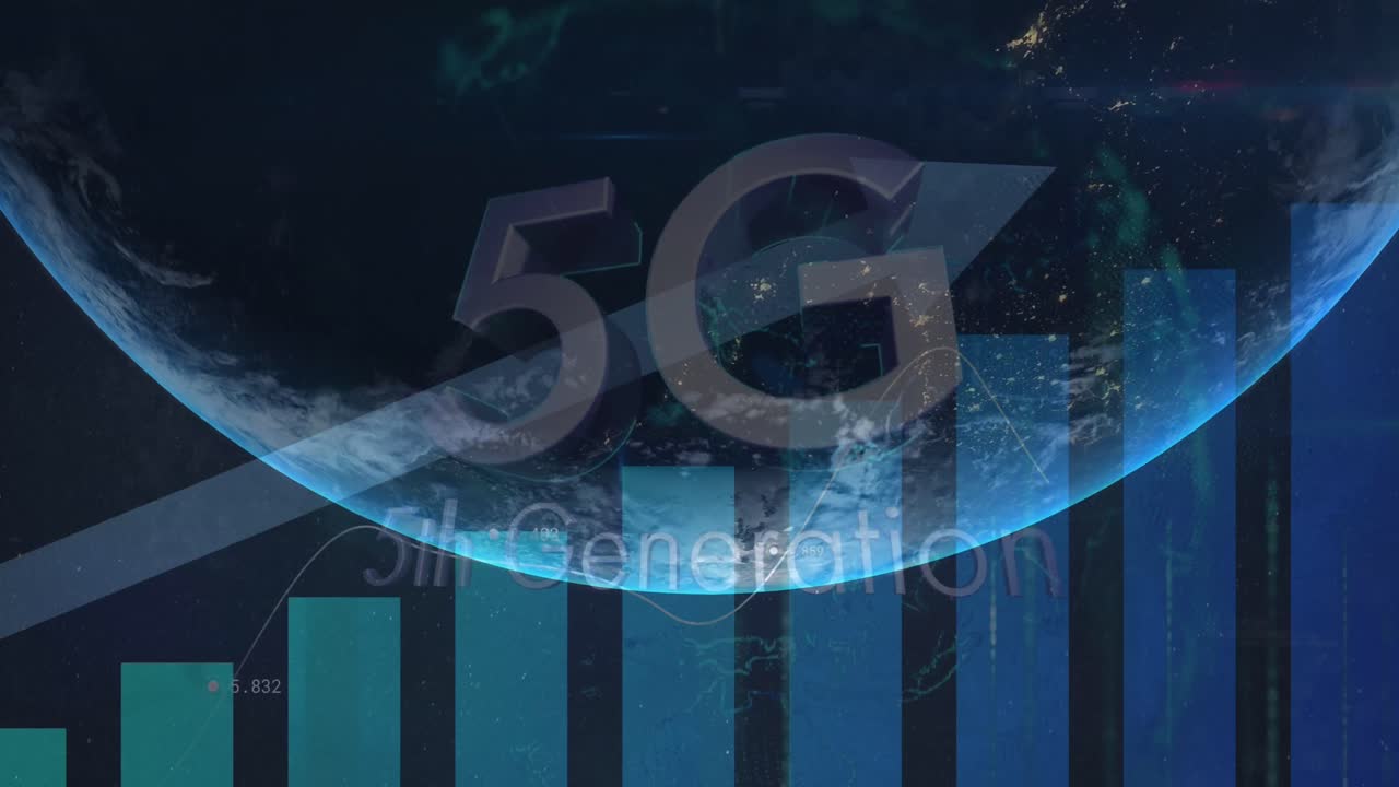 animazione delle statistiche e dell'elaborazione dei dati con testo 5g e freccia sul globo