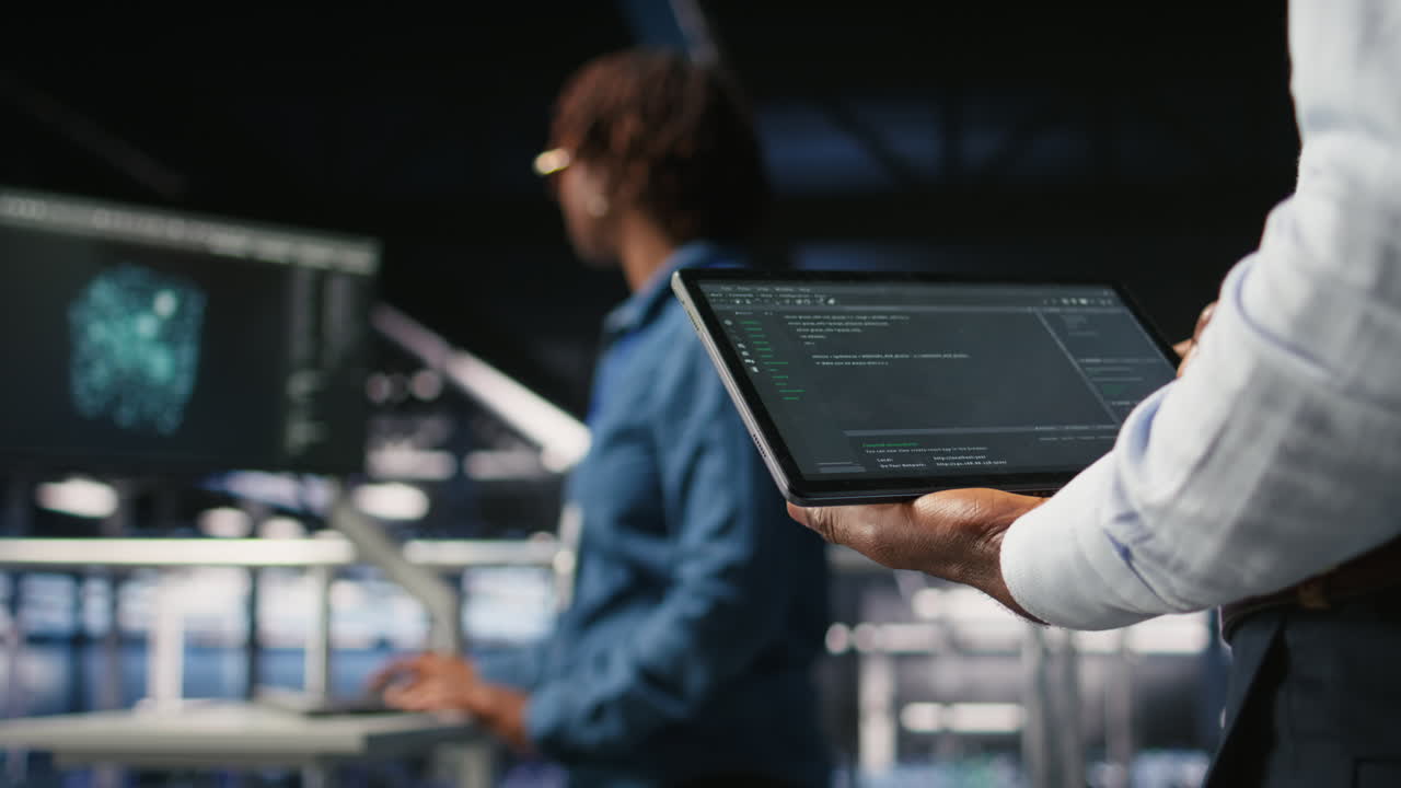 Close up of data center admin using tablet to reviewing machine learning code