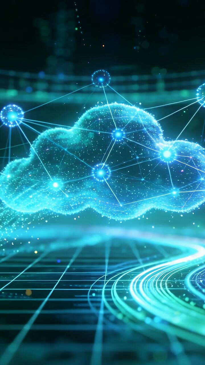 Vertical video: Flashing nodes pulsing through holo cloud, animating lines over grid for data flow