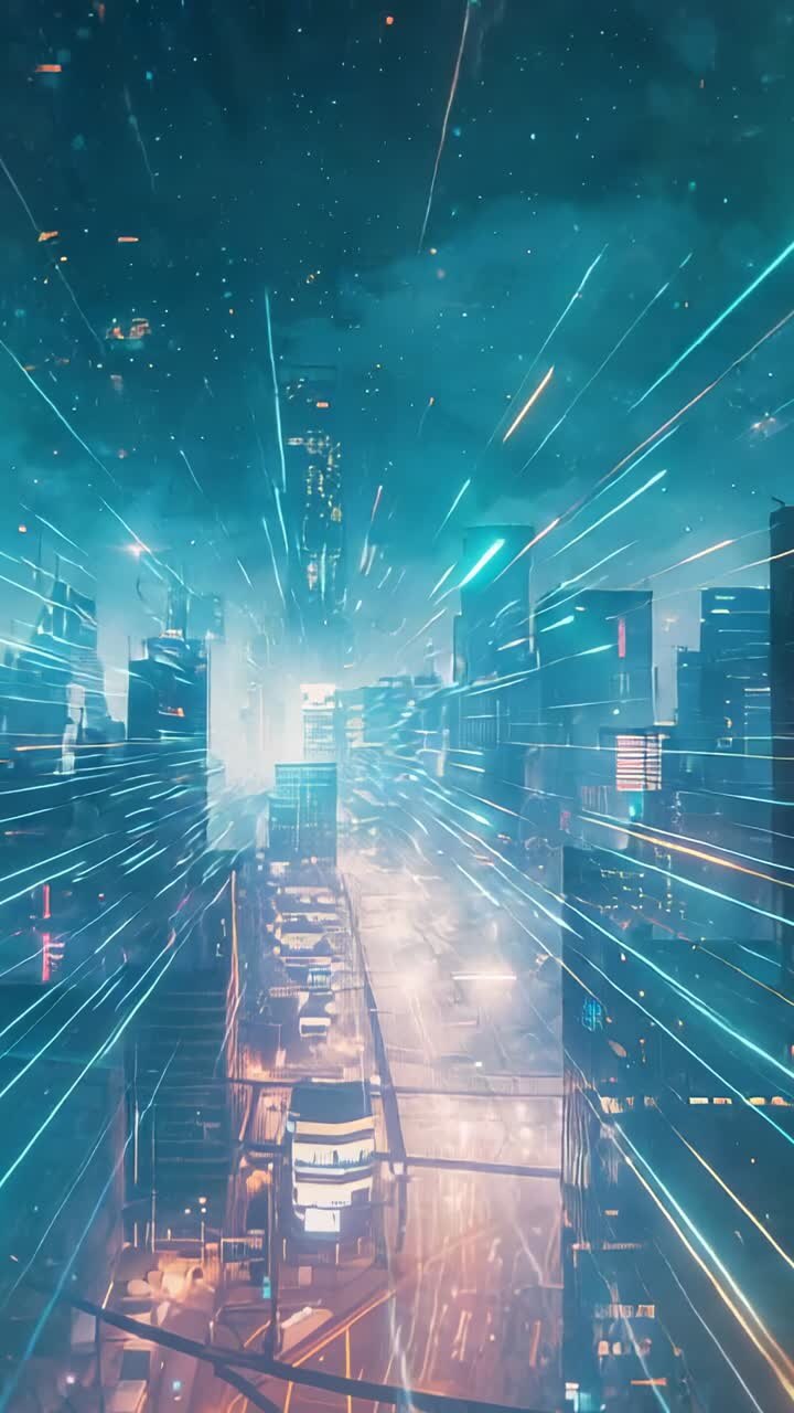 Vertical video: Light streaks emerging propelling city at night among neon-lit towers for speed