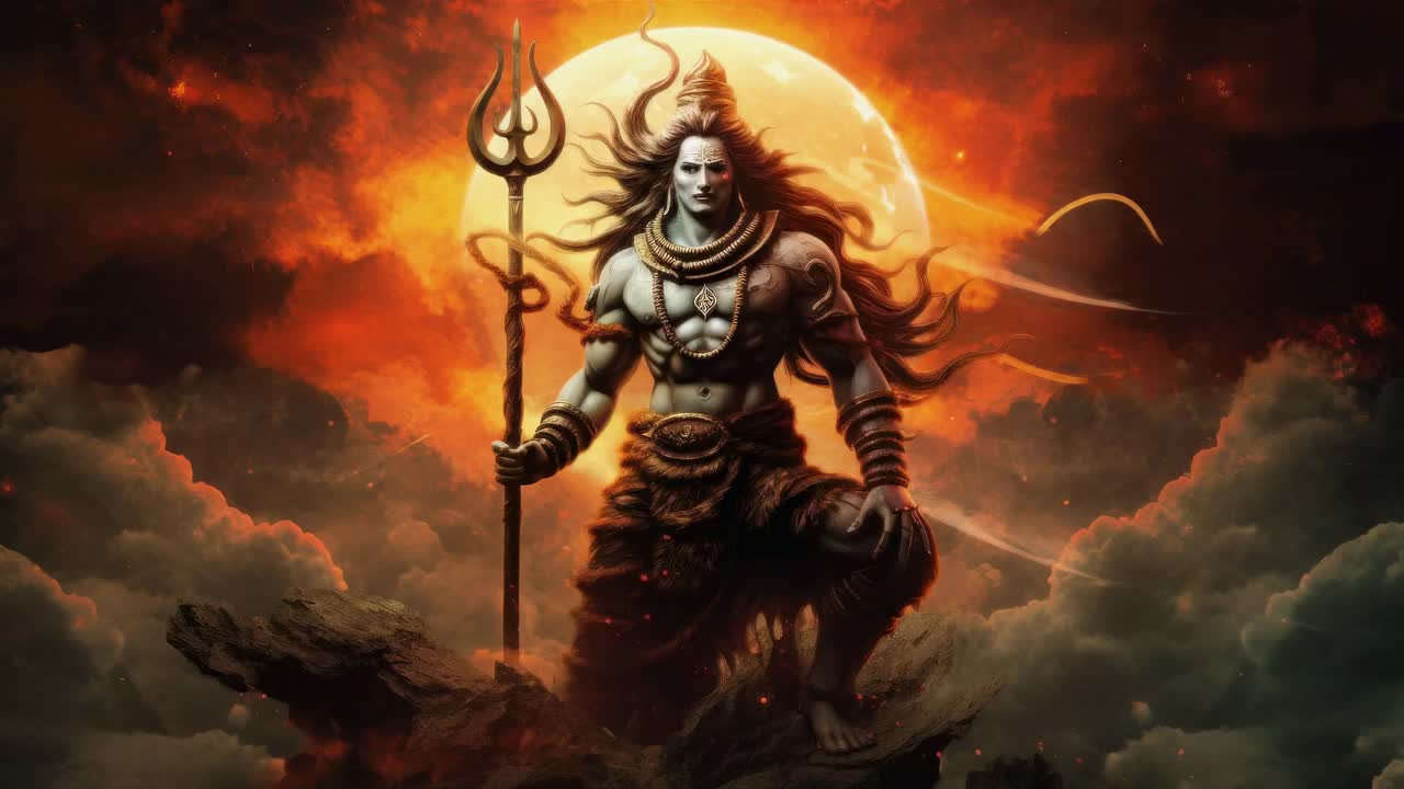 Epic fantasy art of a deity with a trident, set against a fiery sky