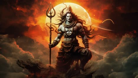 epic fantasy art of a deity with a trident, set against a fiery sky