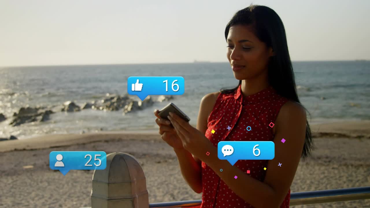 Woman raising smartphone, framing seaside and animating social icons tracking engagement growth