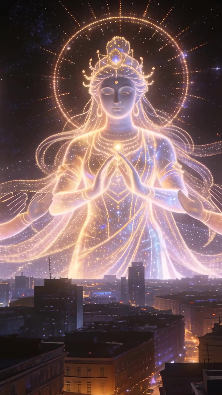 Vertical video: Forming deity wearing crown and halo, unfolding arms above city, offering blessing