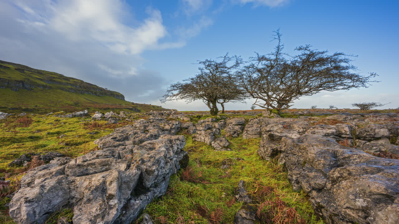 timelapse de tierras de cultivo de naturaleza rural con árboles y rocas de campo en primer plano durante el día nublado soleado visto desde carrowkeel en el condado de sligo en irlanda