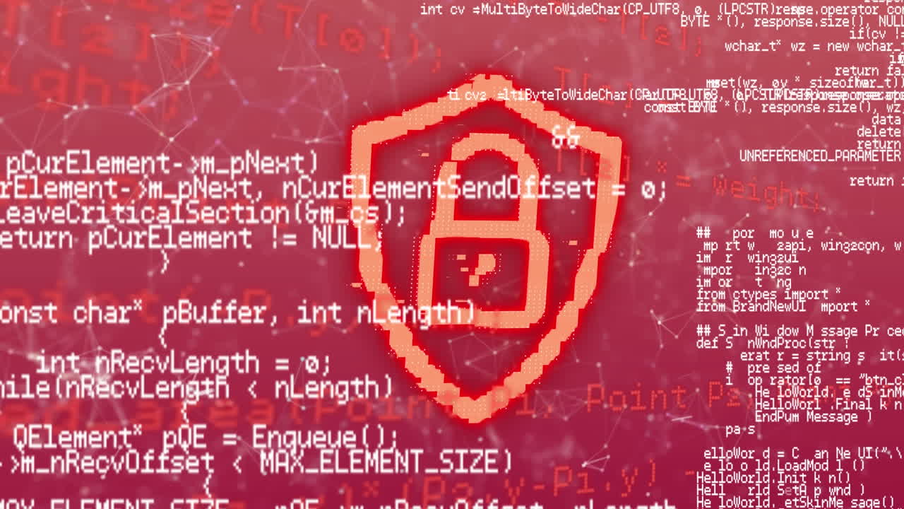 Security padlock icon and data processing against red background
