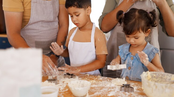 Family, learning and parents baking with kids
