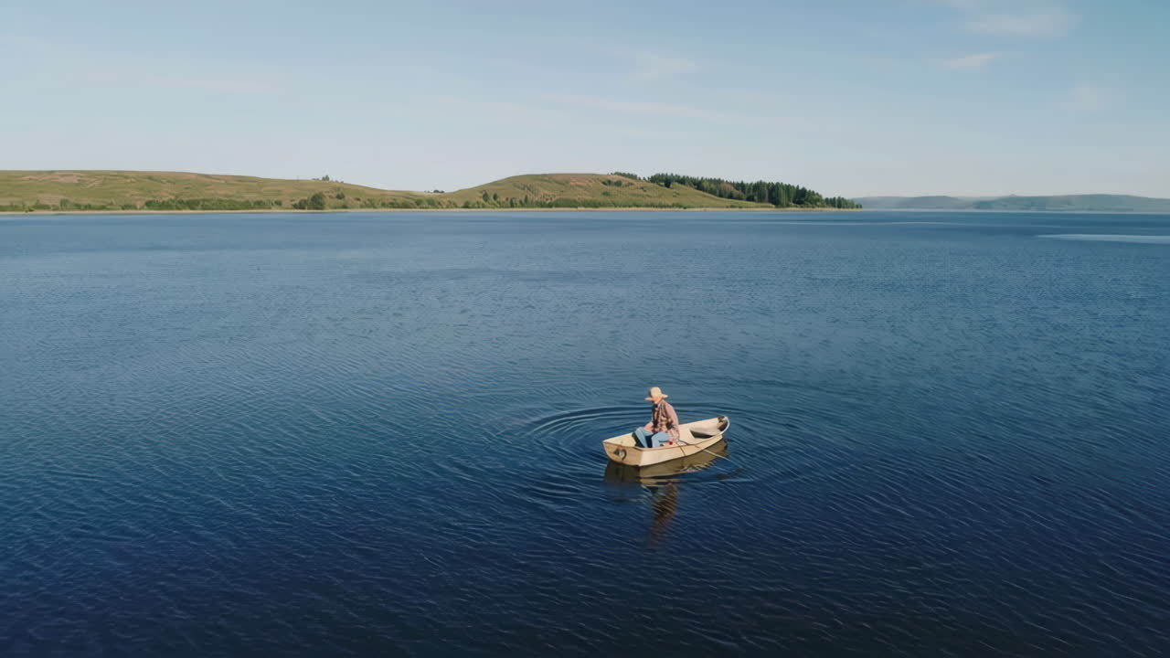 Man Fishing in a Boat on a Calm Lake