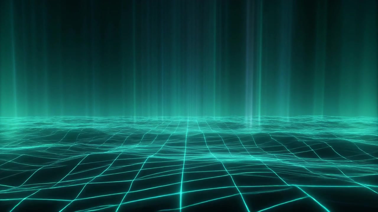 Abstract Digital Grid Landscape with Glowing Green Light Rays