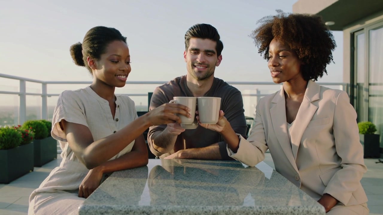 Lifting and clinking trio in workwear on rooftop after shared glance, raising beige mugs to toast