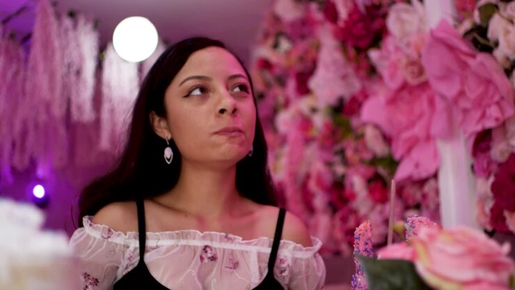 Una bella donna sorride mentre si gusta un waffle colorato e beve un frappe al taro in una caffetteria a tema rosa, durante la pandemia di Coronavirus - Ripresa 4K con inclinazione media dal basso verso l'alto