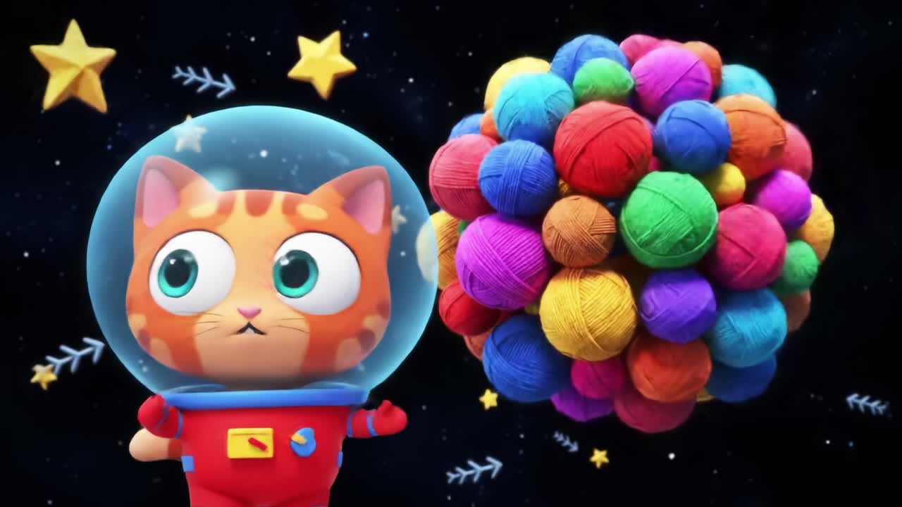 A whimsical outer space adventure featuring an adorable feline astronaut who encounters a vibrant, colorful sphere of yarn surrounded by stars and a cosmic backdrop