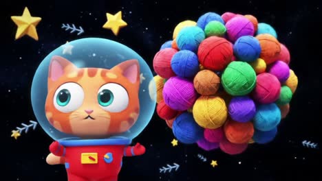 A whimsical outer space adventure featuring an adorable feline astronaut who encounters a vibrant, colorful sphere of yarn surrounded by stars and a cosmic backdrop