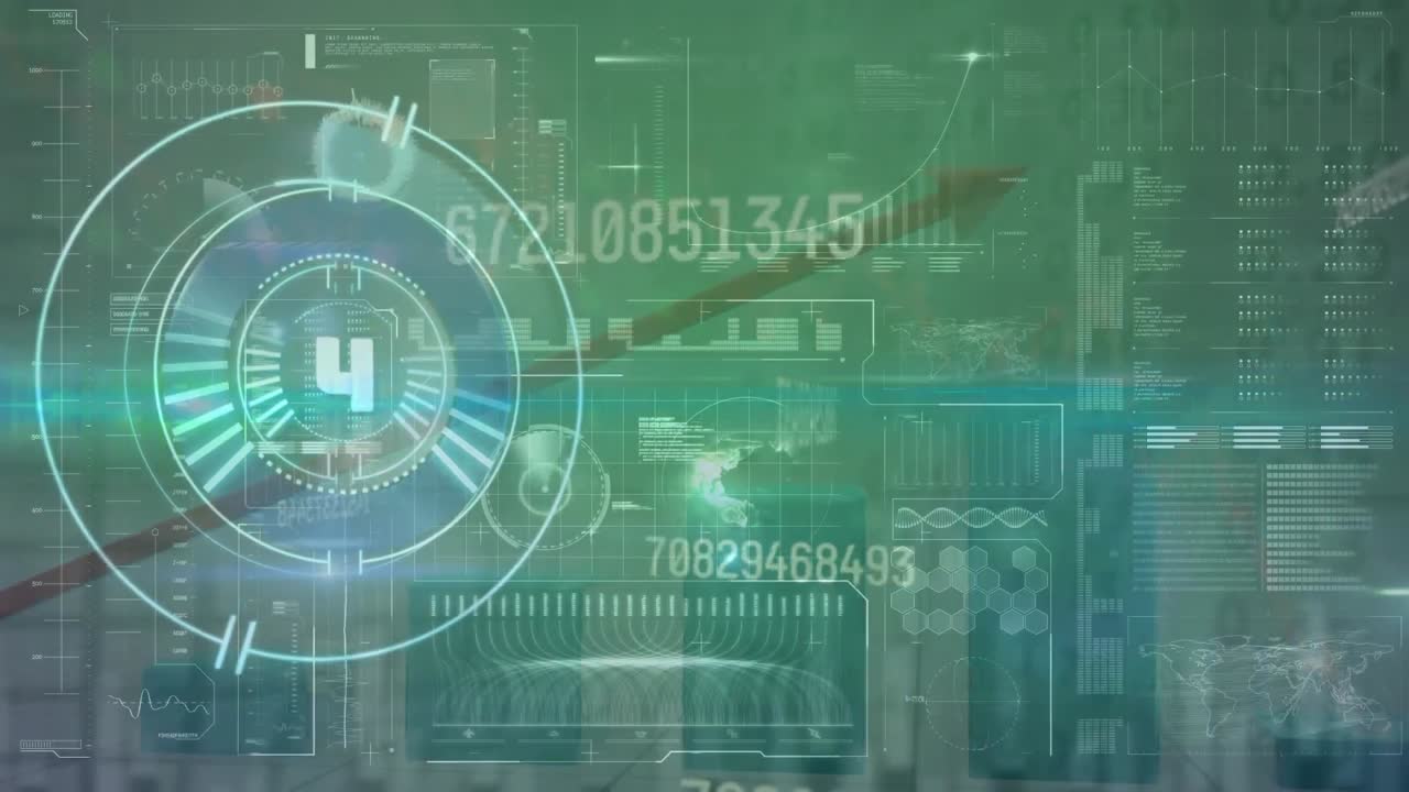 녹색 배경에 있는 그래프 위의 범위 스캔과 함께 데이터 처리의 애니메이션