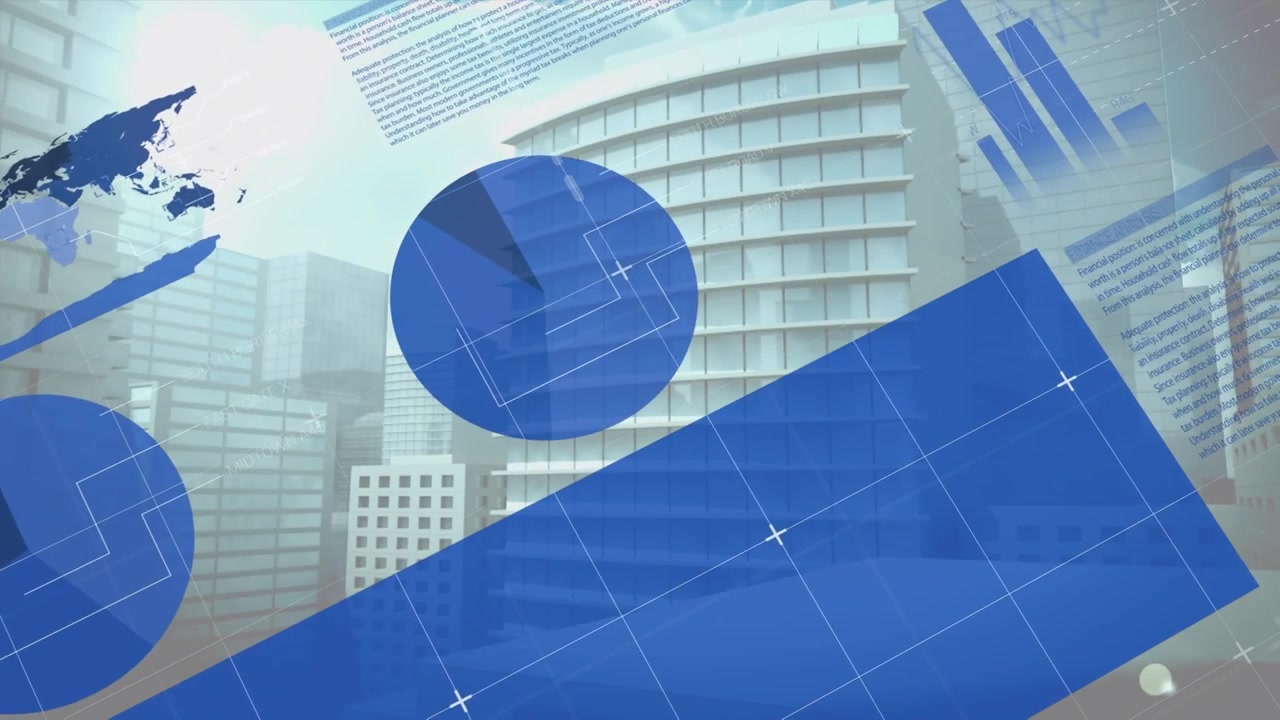 Animación de procesamiento de datos estadísticos contra vista aérea de edificios altos