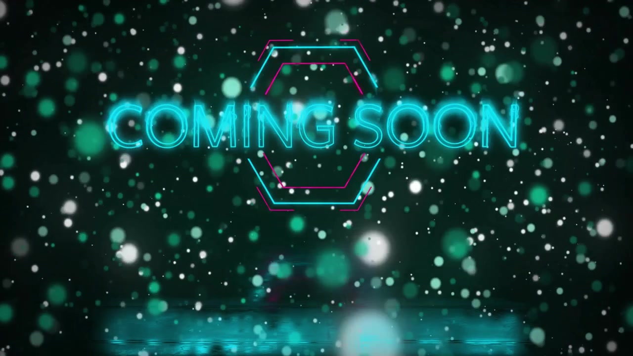 Drifting particles swirling, flickering teal neon hexagon revealing COMING SOON text pulsing