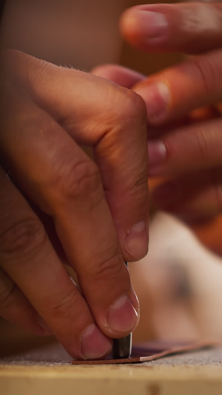 Craftsman makes hole in leather belt with metal punch tool at table in workshop closeup. Manual procession of natural material. Handmade detail